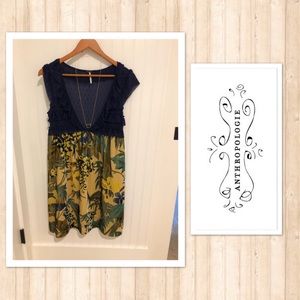 Anthropologie Navy and Mustard Floral Mini Dress